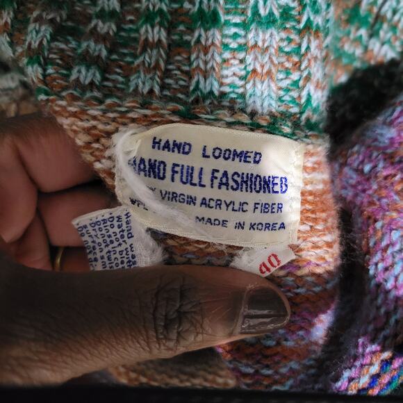 Vintage Hand Loomed Knit Cardigan Sweater Green Marled Rainbow Stripe 70s Medium - Picture 7 of 16